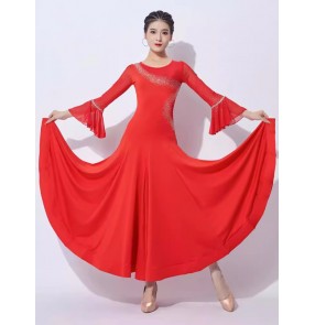 Black red royal blue ballroom dance dresses for women girls flare sleeves gemstones competition waltz tango ballroom dancing long gown for female